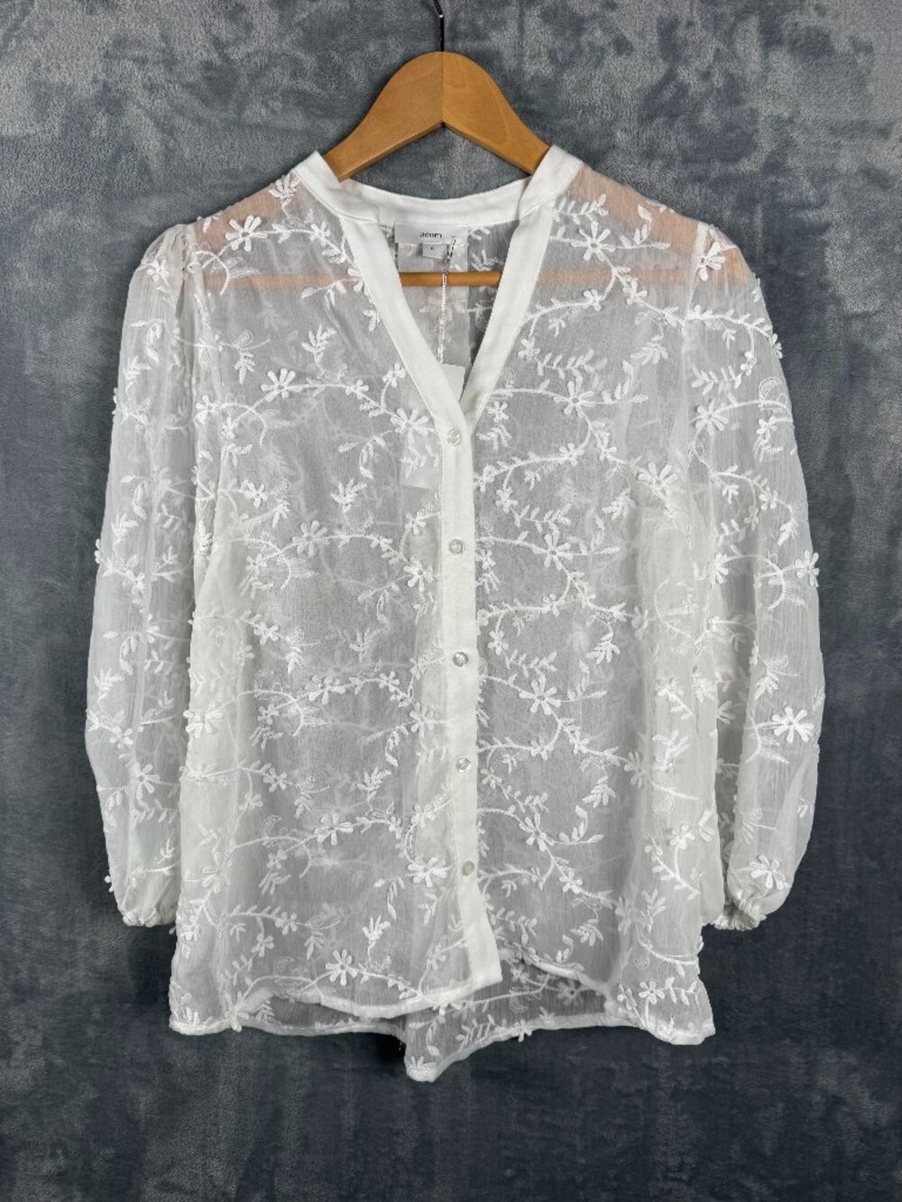 AEOM White Floral Embroidered Sheer Blouse | Long Sleeve | NWT | Size Small